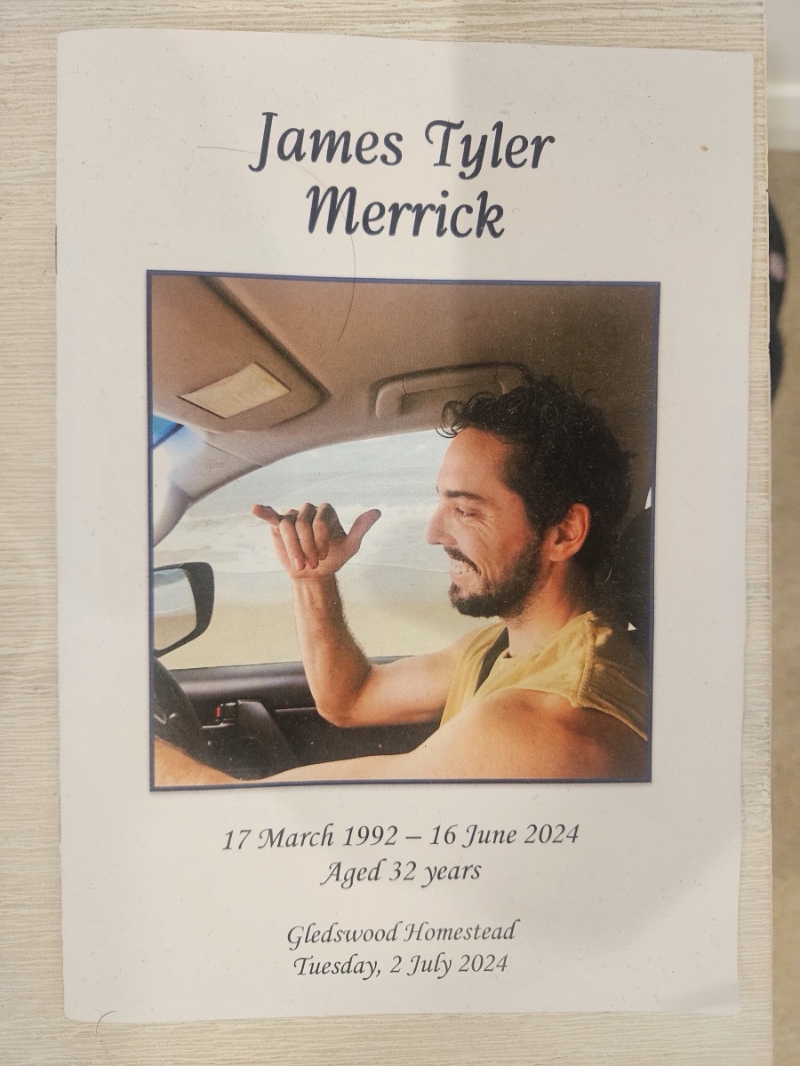 Order of service for James Tyler Merrick, 17 March 1992 to 16 June 2024