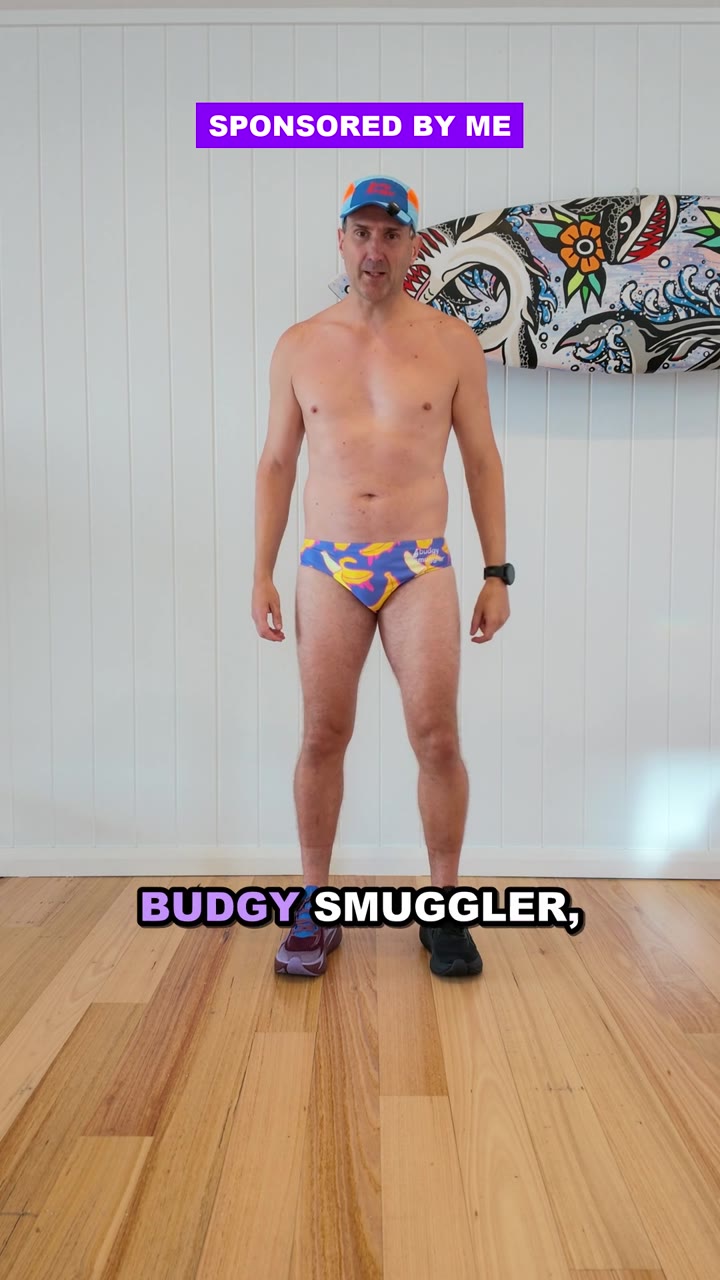JL in Budgy Smugglers, a cap and new PUMA shoes